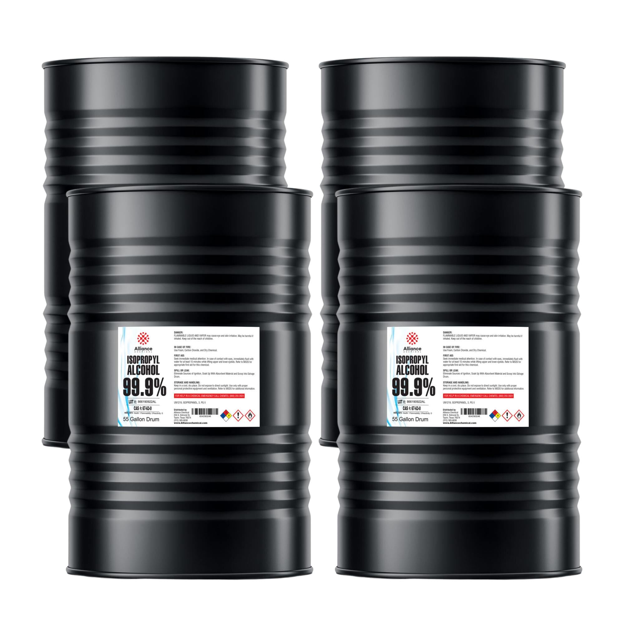 55-gallon drums of 99.9% Isopropyl Alcohol ACS Reagent Grade, black industrial containers with Alliance Chemical labels and NFPA hazard diamonds.